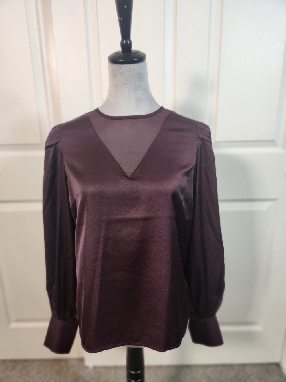 Express Plum Satin Long-Sleeve Top with Sheer V-Inset
